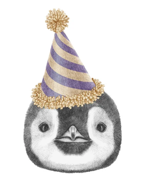 Porträtt Penguin Festlig Hatt Handritad Illustration — Stockfoto