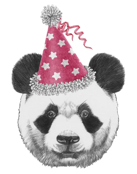 Portrét Pandy Slavnostním Klobouku Ručně Kreslená Ilustrace — Stock fotografie