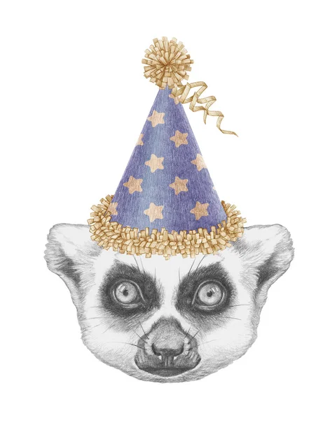 Portrait Lemur Festive Hat Hand Drawn Illustration — Stock Photo, Image