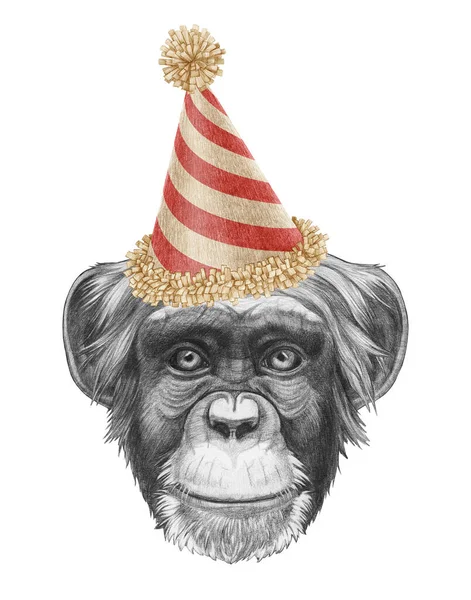Retrato Macaco Chapéu Festivo Ilustração Desenhada Mão — Fotografia de Stock