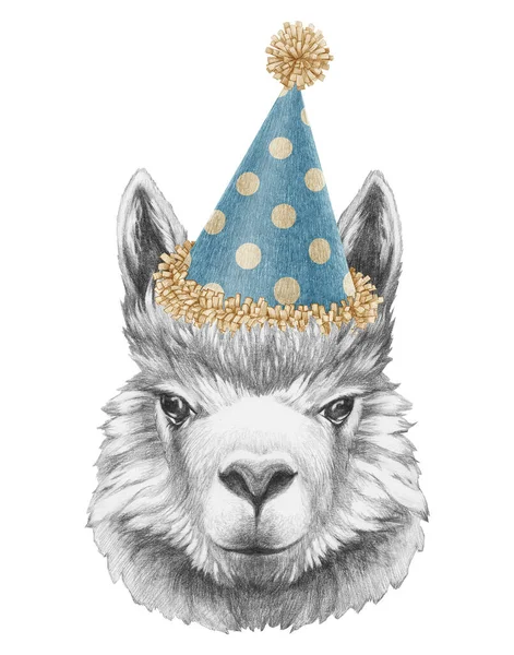 头戴节日礼帽的Llama画像 手绘插图 — 图库照片