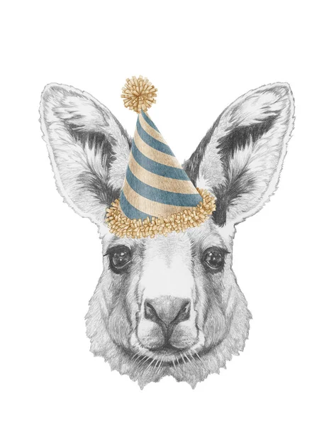 お祝いの帽子でカンガルーの肖像画 手描きイラスト — ストック写真