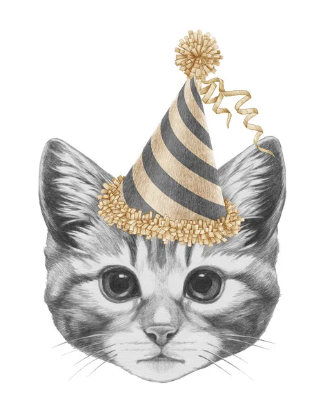 お祝いの帽子で子猫の肖像画 手描きイラスト — ストック写真