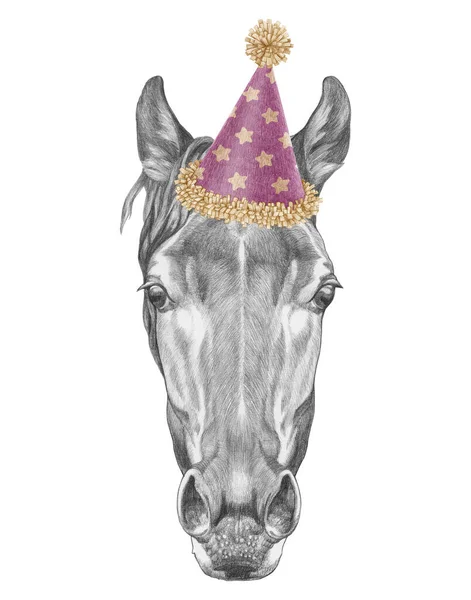 Ritratto Cavallo Con Cappello Festivo Illustrazione Disegnata Mano — Foto Stock