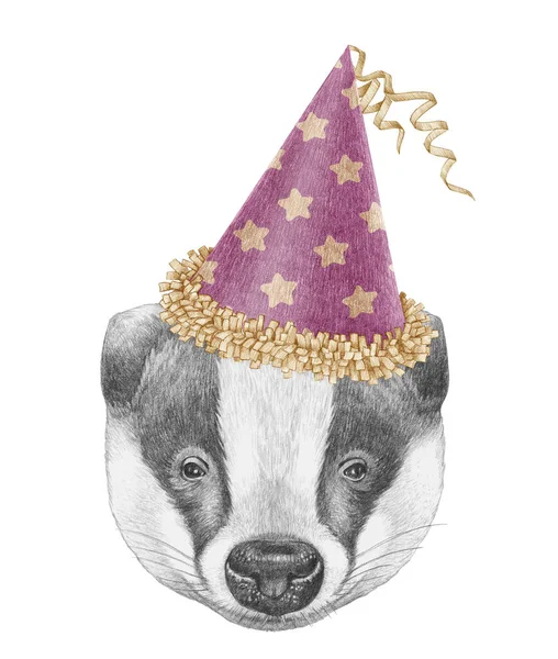 Potret Badger Dengan Topi Meriah Ilustrasi Gambar Tangan — Stok Foto