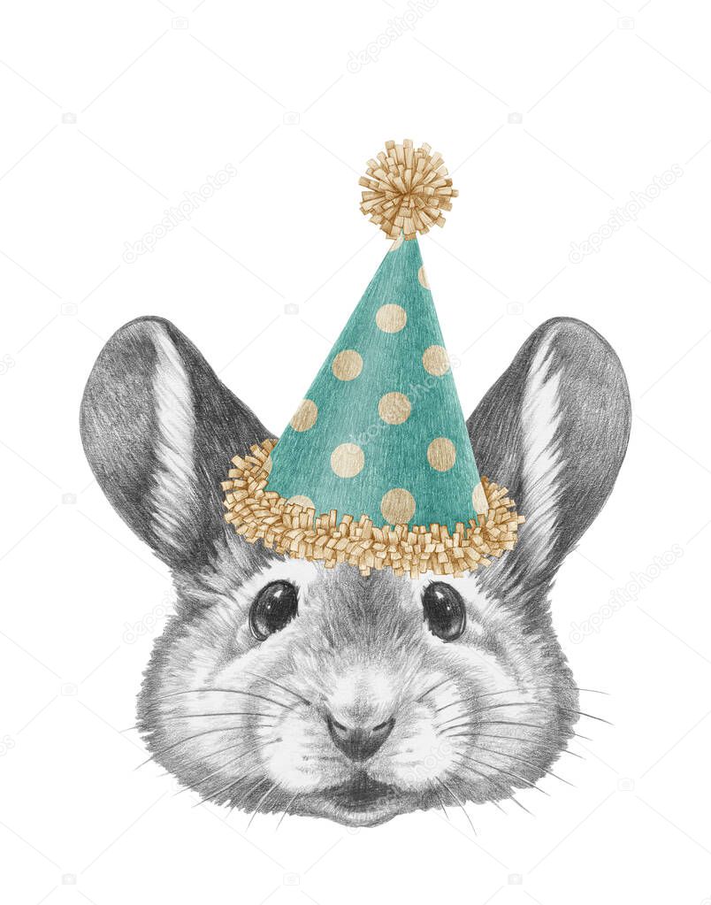 Portrait of Mouse in a festive hat. Hand-drawn illustration