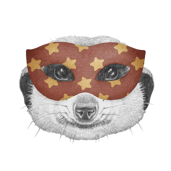 Porträtt Suricata Maskerad Mask Vit Bakgrund Handritad Illustration — Stockfoto