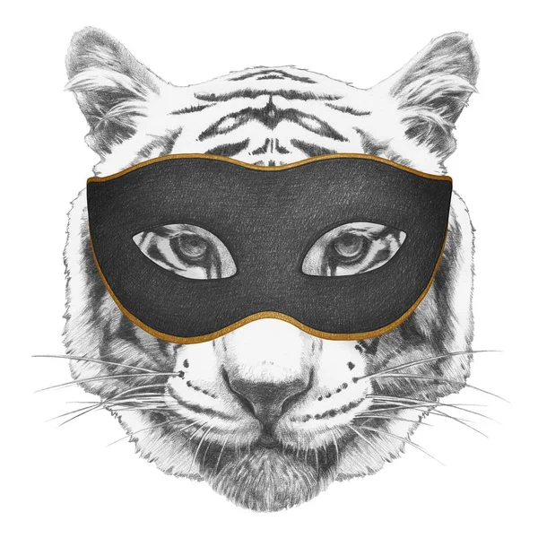Retrato Tigre Blanco Una Máscara Mascarada Sobre Fondo Blanco Ilustración — Foto de Stock