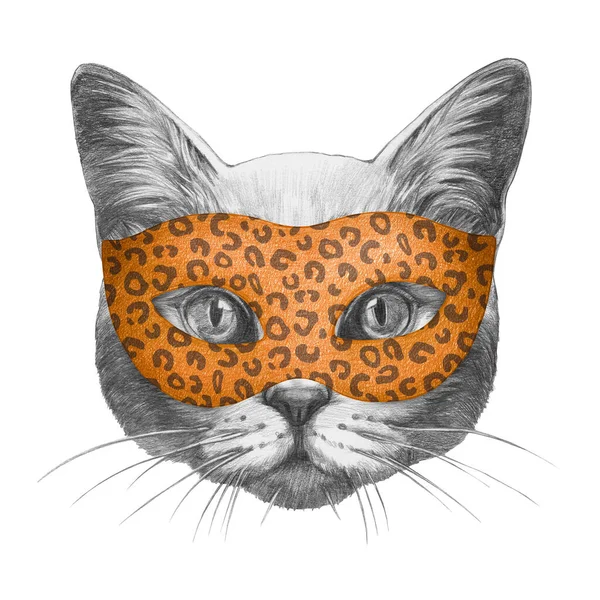 Ritratto Del Gatto Maschera Sfondo Bianco Illustrazione Disegnata Mano — Foto Stock