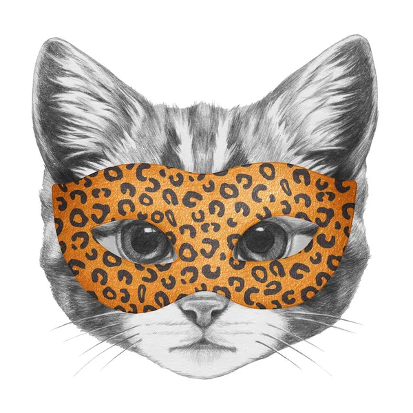 Ritratto Del Gatto Maschera Sfondo Bianco Illustrazione Disegnata Mano — Foto Stock