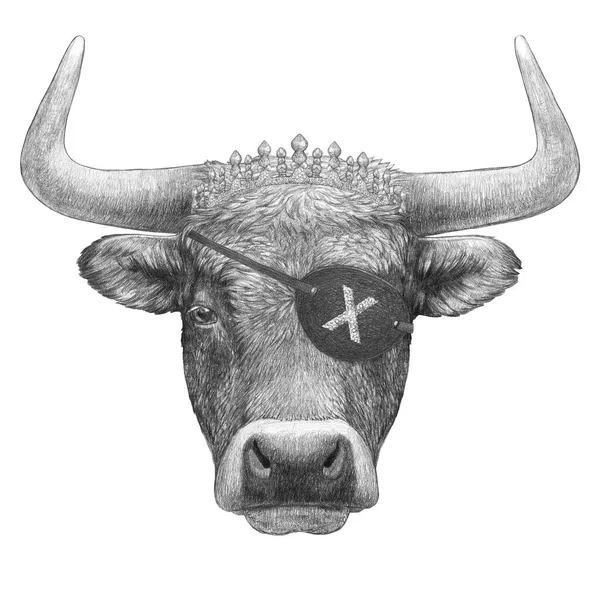 Retrato Toro Corona Con Parche Fondo Blanco Ilustración Dibujada Mano — Foto de Stock