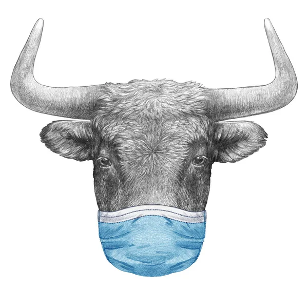 Ritratto Bull Maschera Chirurgica Sfondo Bianco Illustrazione Disegnata Mano — Foto Stock