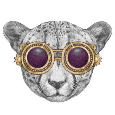 Beyaz arka planda leopar desenli güneş gözlüğü portresi. El çizimi illüstrasyon