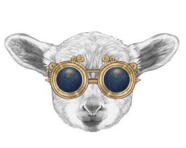 Beyaz arka planda kuzu vintage güneş gözlüğü portresi. El çizimi illüstrasyon