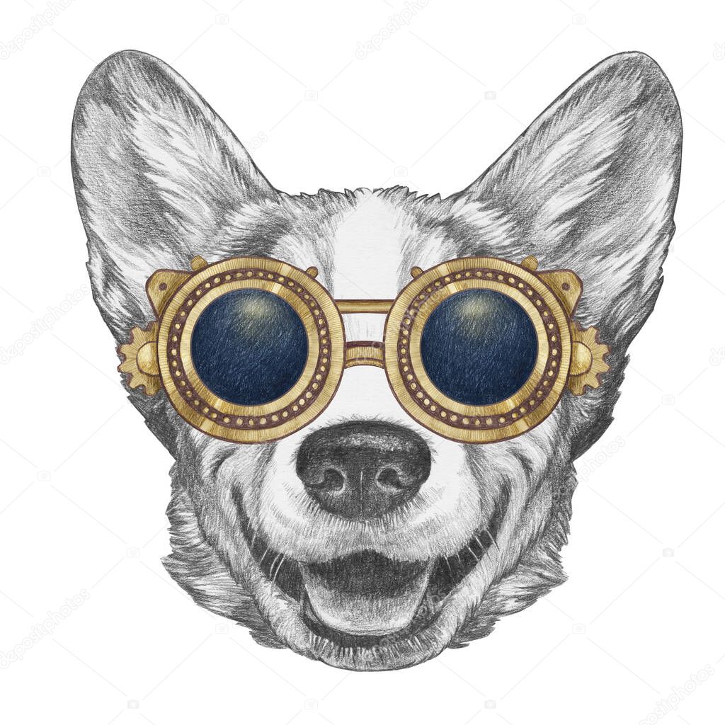 Portrait of dog vintage sunglasses on the white background. Hand-drawn illustration