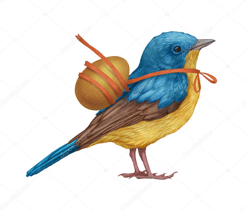 Hand-drawn illustration of Blue Flycatcher. Small Bird. Easter.