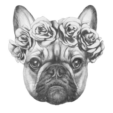 Çiçek baş çelenk ile pug köpek