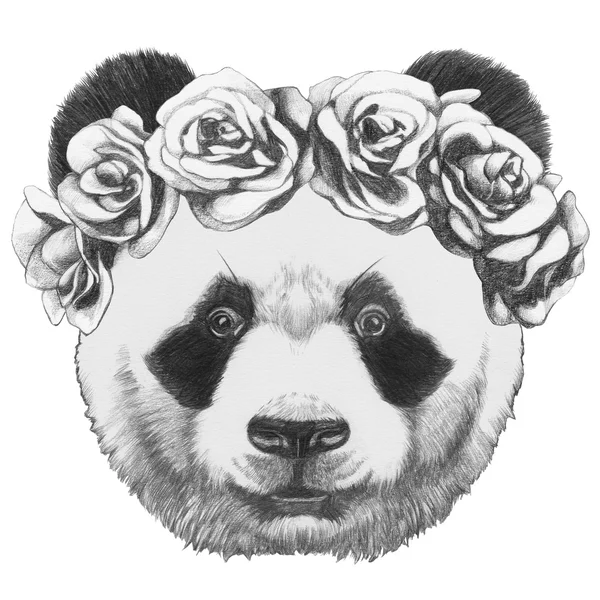 Desenho original de Panda com rosas — Fotografia de Stock