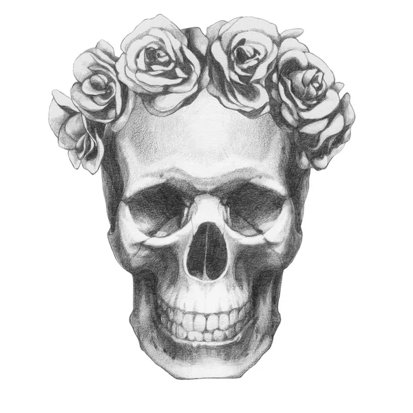 Originalritningen av skalle med rosor — Stockfoto