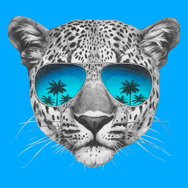 Leopardo con gafas de sol espejo — Vector de stock