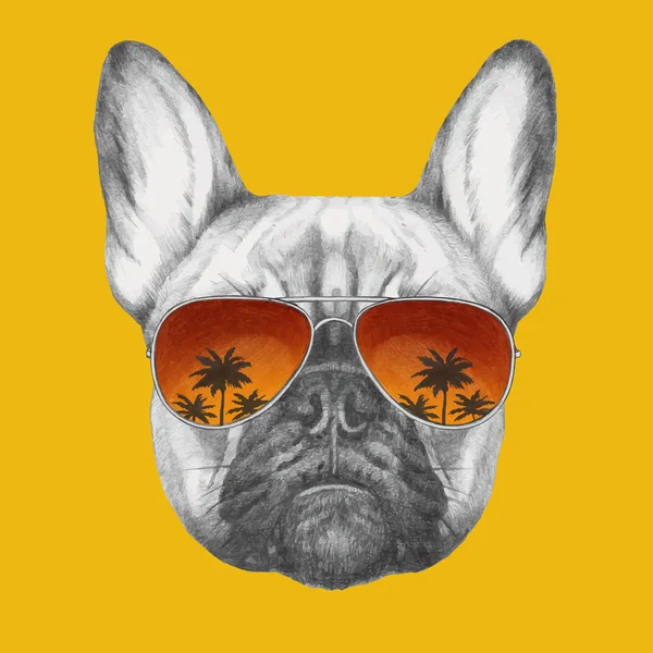 Bulldog francés con gafas de sol espejo — Vector de stock