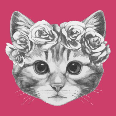 Çiçek baş çelenk ile kedi