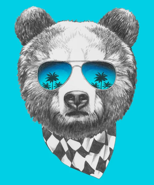 Oso con gafas de sol y bufanda . — Vector de stock