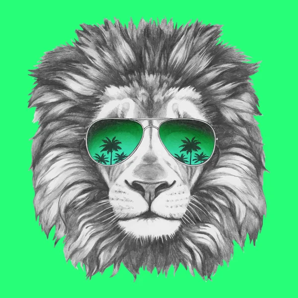 Portrait de Lion avec des lunettes de soleil — Image vectorielle