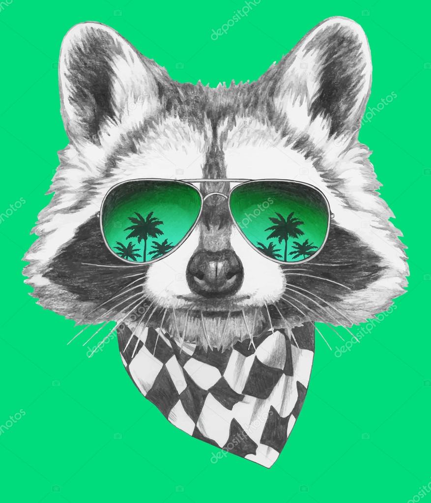 Raccoon with mirror sunglasses and scarf