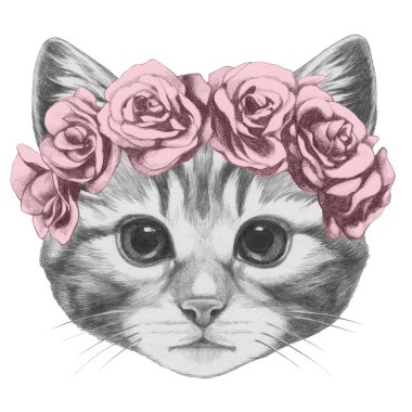 Cat with floral head wreath