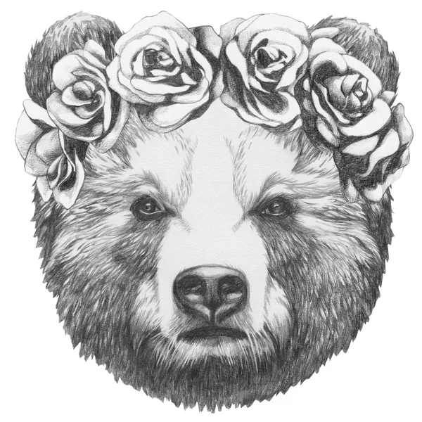 Beruang dengan bunga kepala karangan bunga — Stok Foto