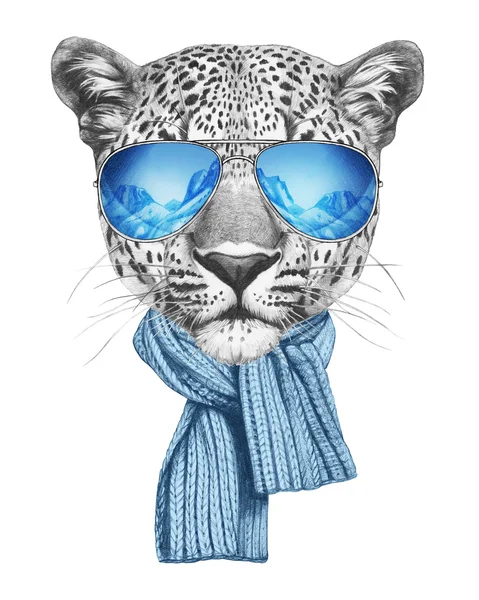 Leopardo con gafas de sol espejo y bufanda — Foto de Stock