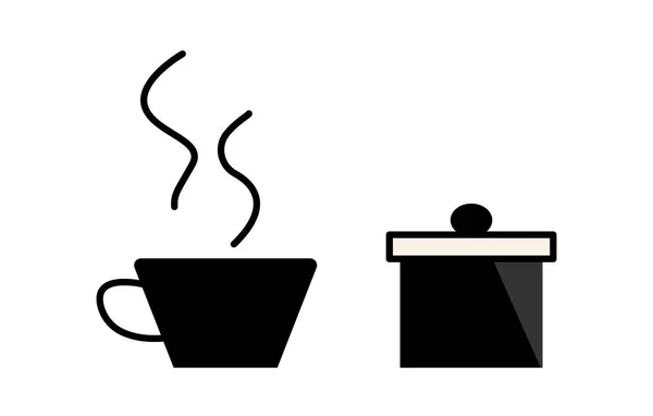 Filiżanka kawy z dymem i miska cukru, czarna na białym tle. — Wektor stockowy