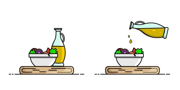 Dwa zdjęcia. Butelka oleju jest na stole. Oliwa z oliwek jest wlewana z dzbanka do miski sałatki warzywnej i krewetkowej. — Wektor stockowy