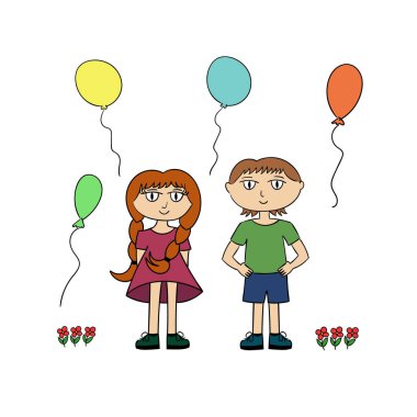 Bir erkek ve at kuyruklu bir kız ayakta duruyor. Renkli balonlar. Çiçekler. Vektör illüstrasyonu