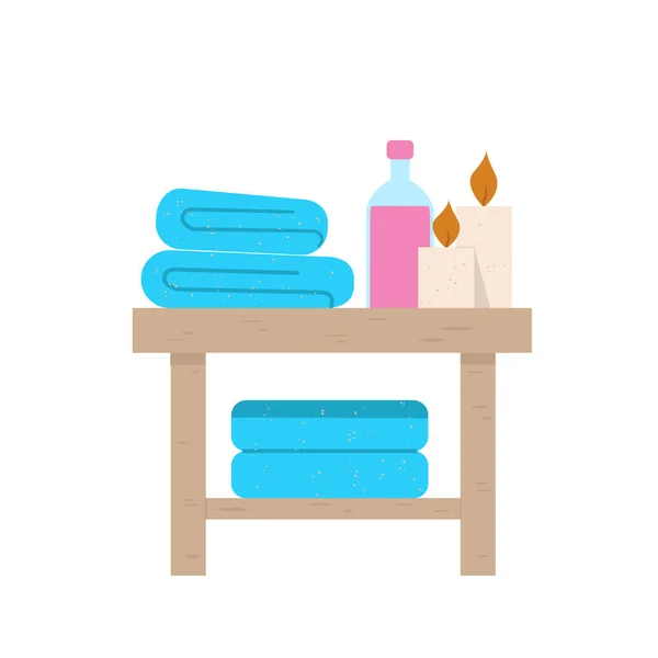 Ein Tisch Mit Badzubehör Shampoo Handtuch Kerzen Auf Weißem Hintergrund — Stockvektor