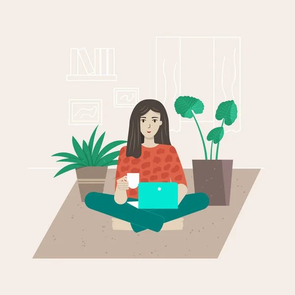 Dívka Sedí Podlaze Laptopem Šálkem Kávy Poblíž Jsou Domovní Rostliny — Stockový vektor