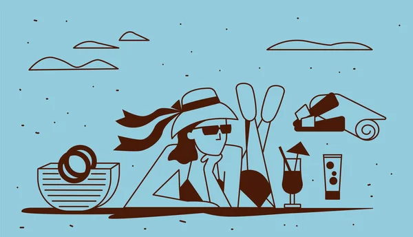 Ein Mädchen Mit Hut Und Sonnenbrille Sonnt Sich Strand Vektorillustration — Stockvektor