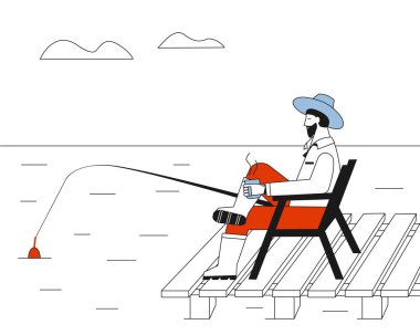 Tarz sahibi bir balıkçı gölde balık tutmak ve kahve içmek için köprüde bir sandalyede oturuyor. Vektör illüstrasyonu