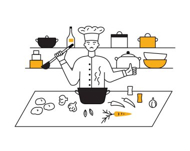 Mutfaktaki aşçı elinde bir kepçe tutuyor, masada bir tencere çorba, masada sebzeler, raflarda tabaklar var..