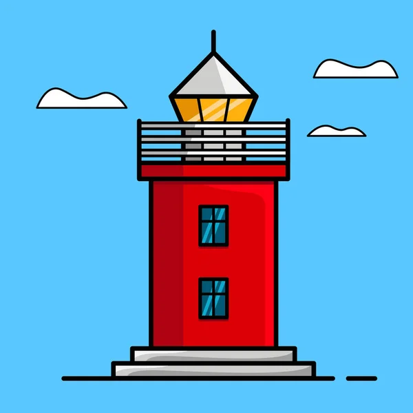 Phare Rouge Vif Sur Fond Bleu Avec Des Nuages — Image vectorielle