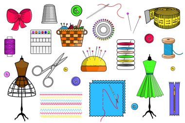 Dikiş malzemeleri: bir manken, makas, iplik, iğne, iğne, dikiş, fermuar, beyaz arka planda bir santimetre kurdele