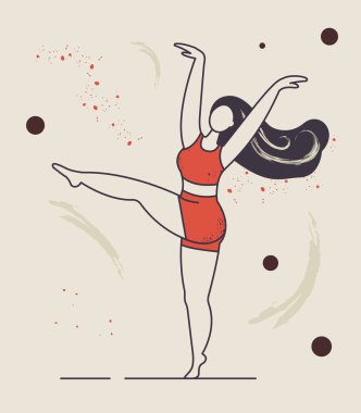 Tombul bir kız şort ve bluzla dans eder, bacağını ve kollarını kaldırır. Güzel vücut duruşu.