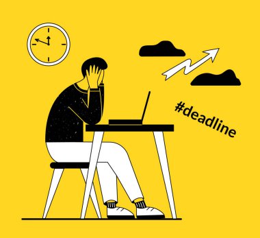 Bir adam masada oturuyor, elleriyle başını tutarak, dizüstü bilgisayarın önünde. Son teslim tarihi yüzünden üzgün ve stresli. Siyah bulutlar ve şimşek