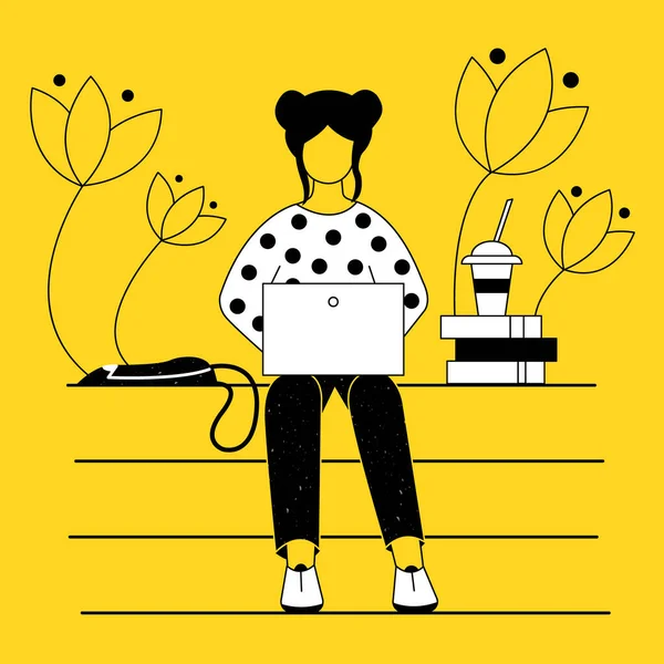 Girl Sitting Steps Laptop Studying Working Online Remotely Next Bag — Stock Vector