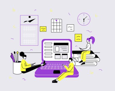 People are sitting near a large laptop, studying, working, holding a meeting. The girl is sitting on the books, leaning on a glass with pencils. A concept in a minimalistic style