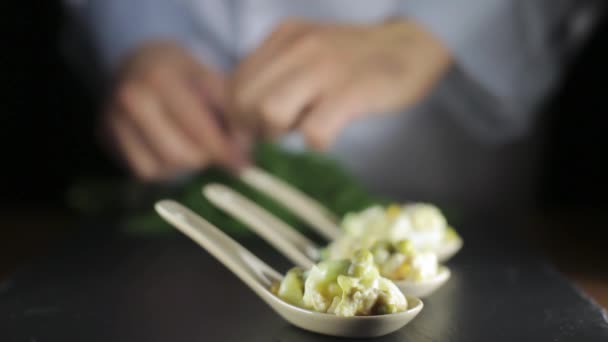 Chef decora ensalada con eneldo — Vídeo de stock