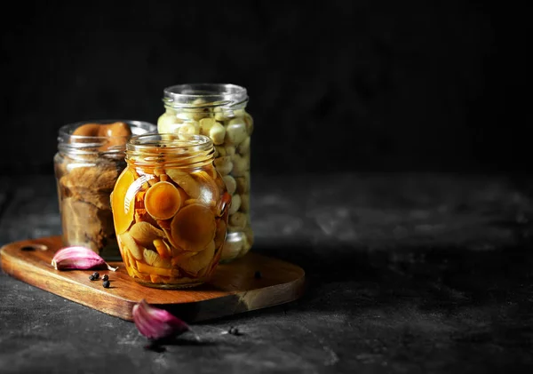 Glass Jar Canned Mushrooms Garlic Pepper Fermented Food Dark Background — Stock Photo, Image