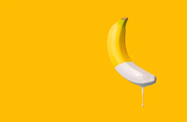 Yellow Banana Gray Paint Dripping Minimalistic Concept Copy Space — Stock Photo, Image