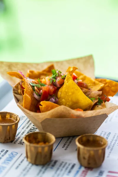 Salsa Nachos Tray Paper Plate Traditional Mexican Dish Street Cafe — Stock Photo, Image